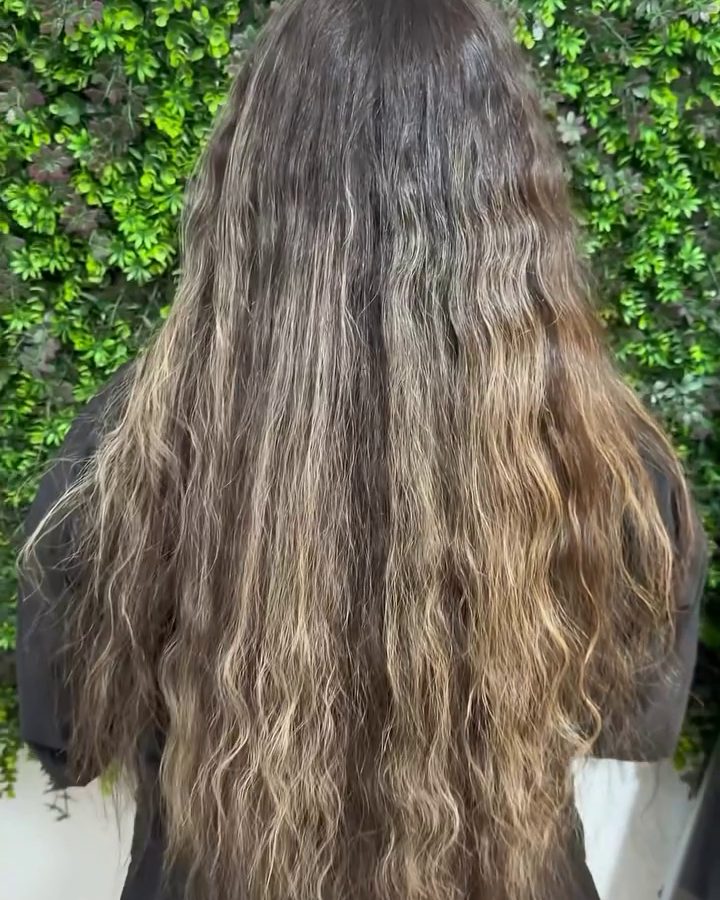 Antes: cabelo castanho com pontas claras, visto de costas